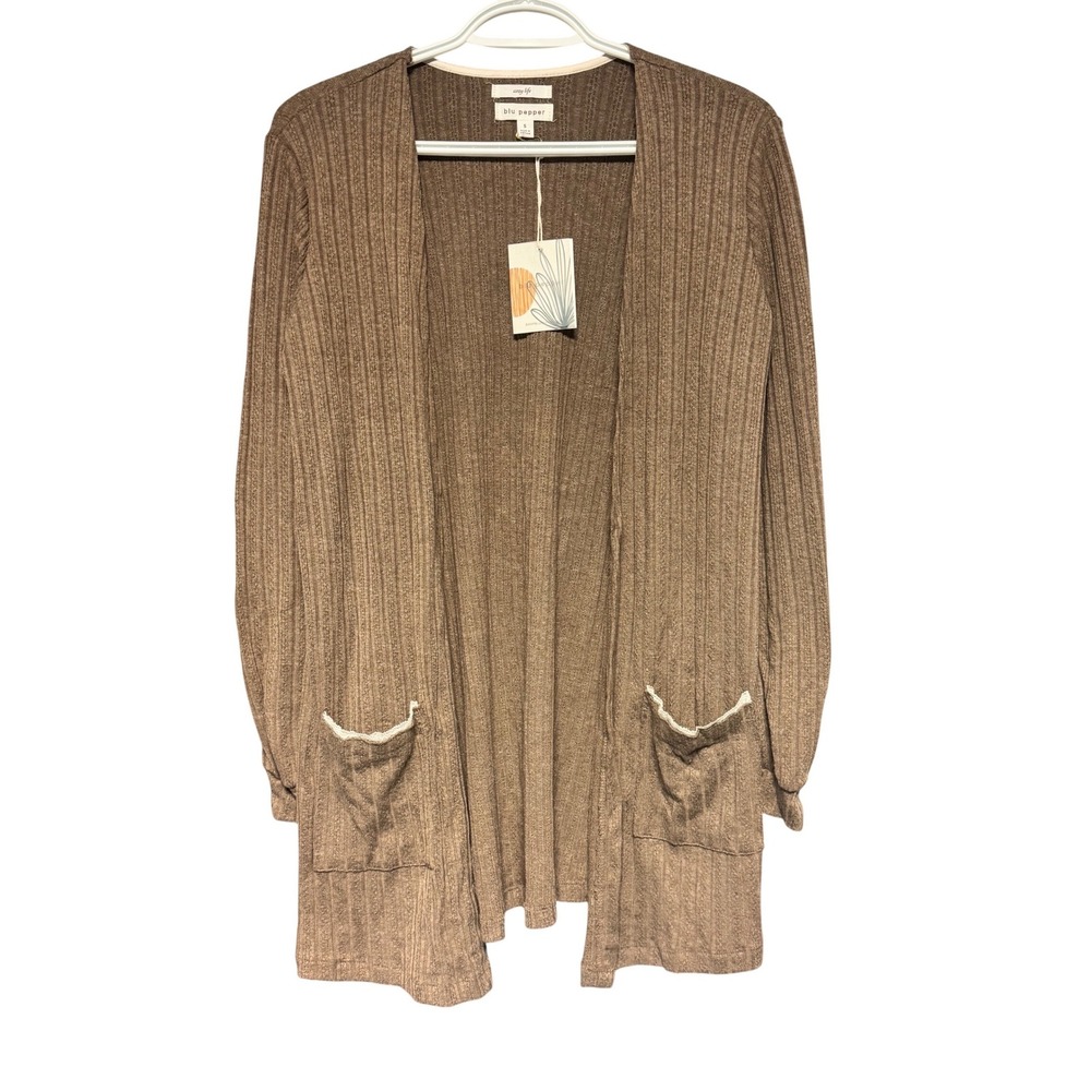 Blu Pepper Brown Cozy Life Open Front Cardigan Lace Trim Pocket Small NWT Whimsy